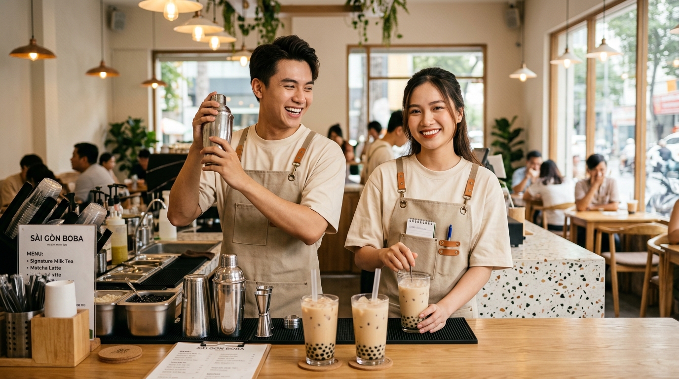 Đồng Phục Quán Trà Sữa Chuẩn Gu Giới Trẻ: Giải Pháp Nhận Diện Đột Phá Cho Chuỗi F&B