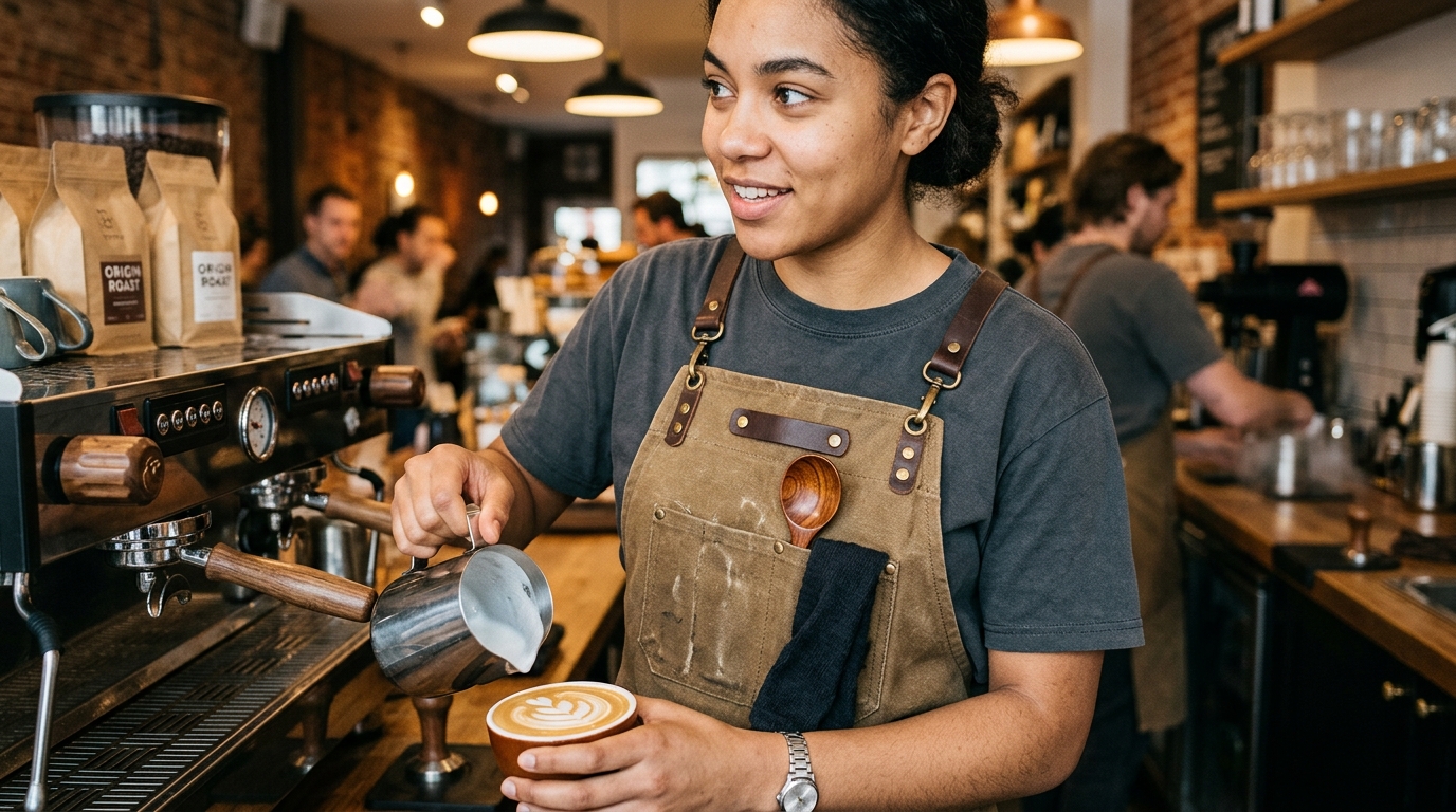 KHOAOTHUN hỗ trợ phối màu áo thun và tạp dề theo đúng tone màu nhận diện quán cafe.